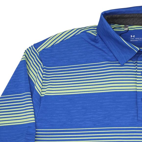 Under Armour Golf Polo Mens XL Blue Green Stripes Loose Fit Heatgear Performance - Picture 2 of 12